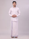 Men's Lavender Tissue Shirt and Dhoti Set with Intricate Jacquard Border Plum