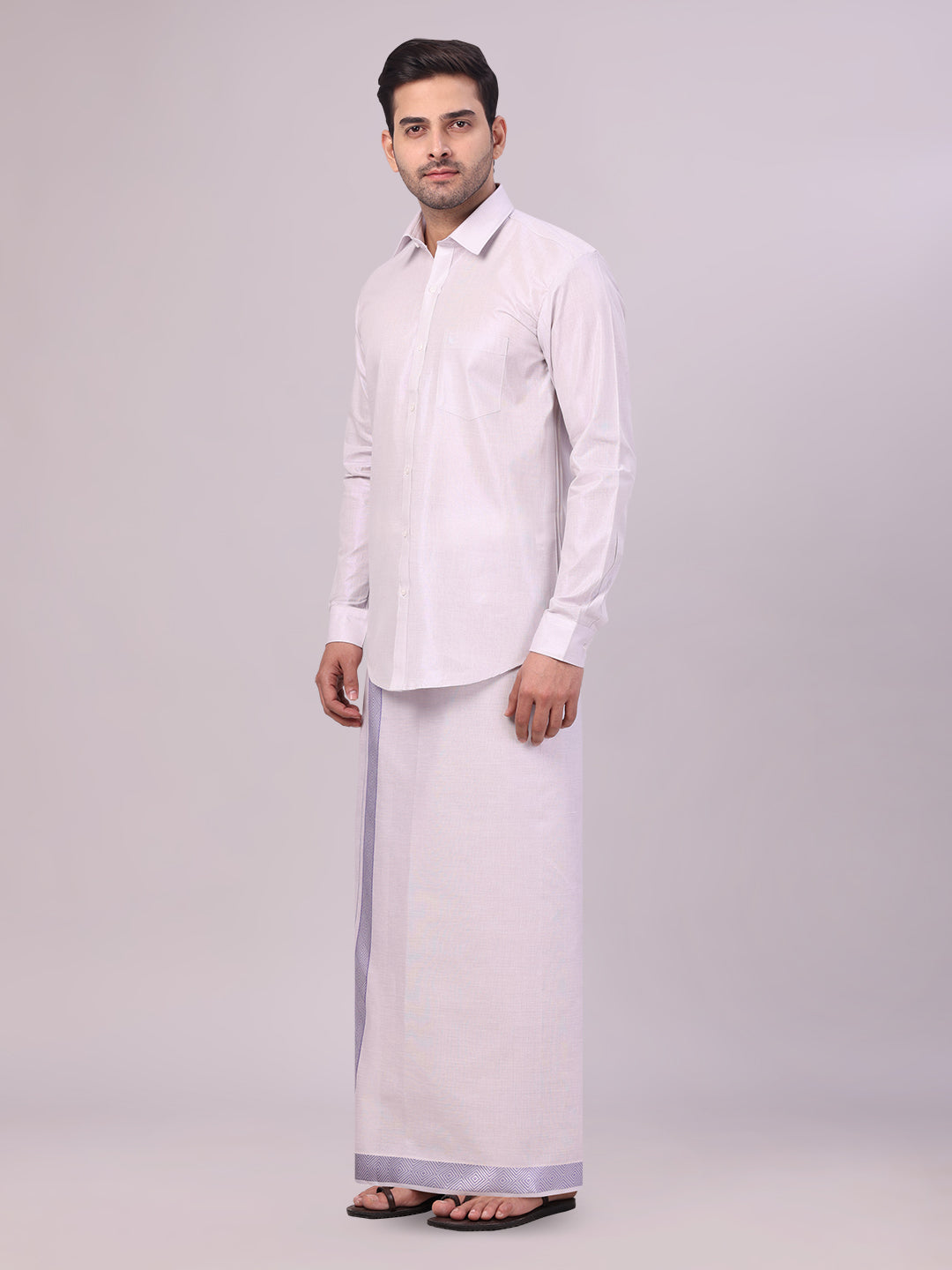 Men's Lavender Tissue Shirt and Dhoti Set with Intricate Jacquard Border Plum