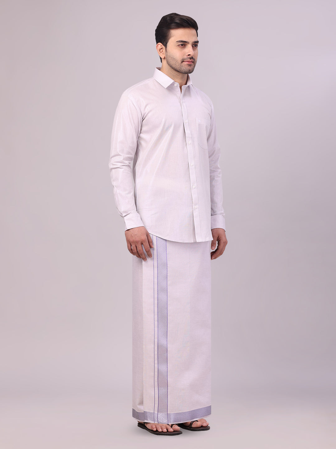 Men's Lavender Tissue Shirt and Dhoti Set with Intricate Jacquard Border Plum side pose