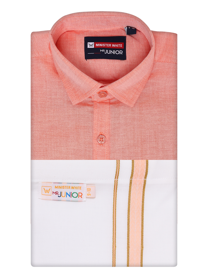 Boys Peach Matching Half Sleeves Shirt with Fancy Flexi Dhoti Combo Brave Boy by Minister White