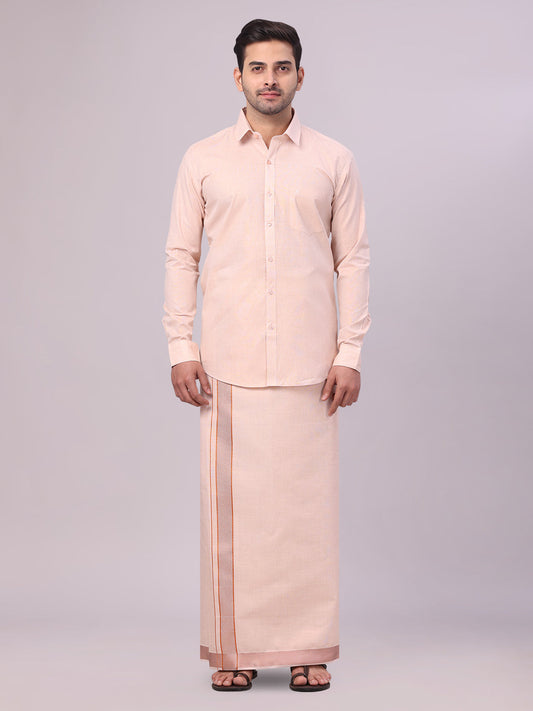 Men's Copper Tissue Shirt and Dhoti Set with Intricate Jacquard Border Plum
