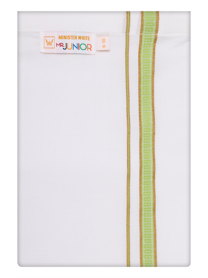 Boy Cotton White Dhoti with Light Green Color Border by Minister White