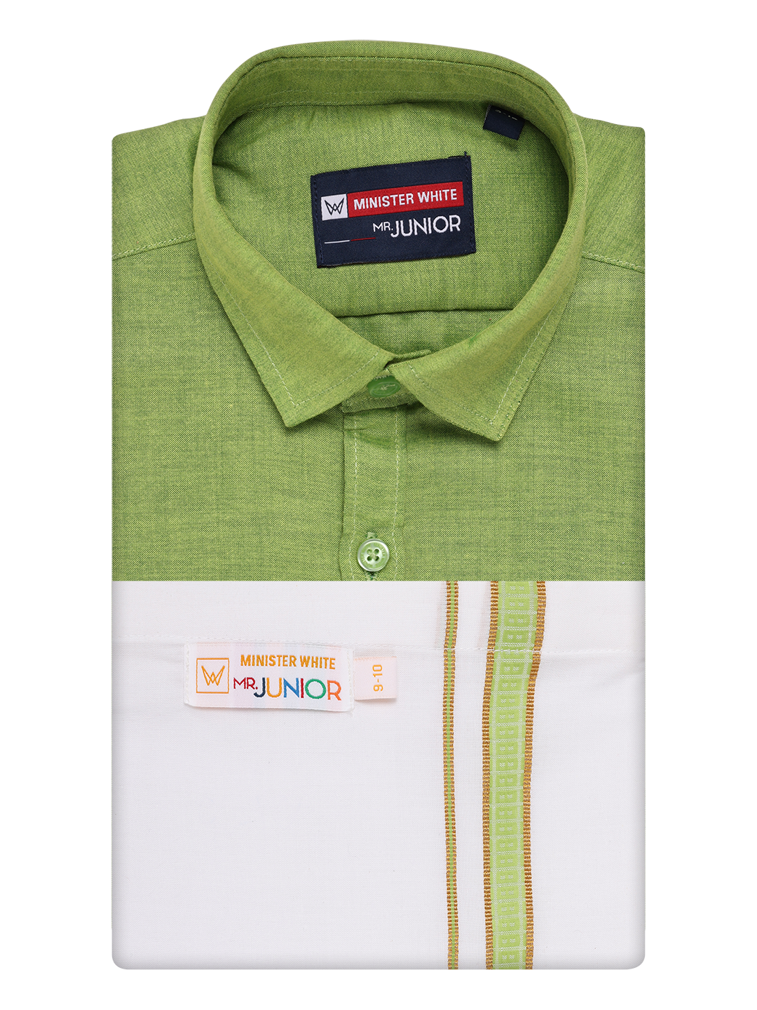 Boys Light Green Matching Half Sleeves Shirt with Fancy Flexi Dhoti Combo by Minister White