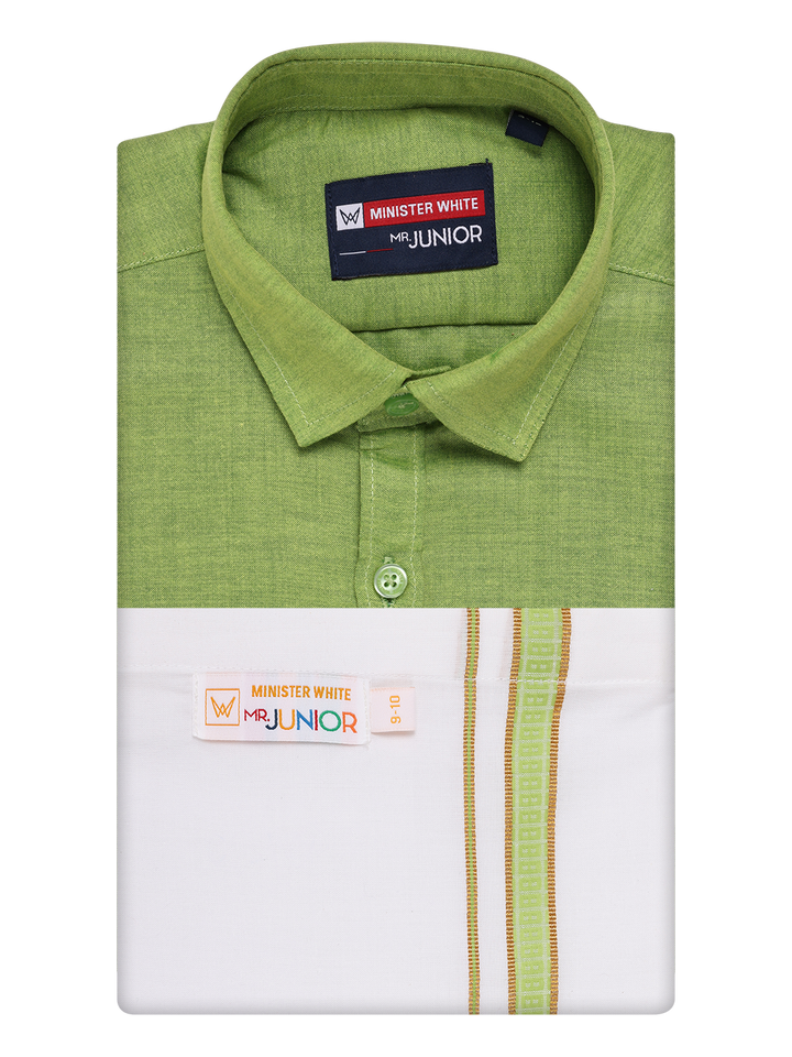 Boys Light Green Matching Half Sleeves Shirt with Fancy Flexi Dhoti Combo by Minister White