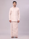 Mens Almond Tissue Shirt and Dhoti Set with Intricate Jacquard Border Plum