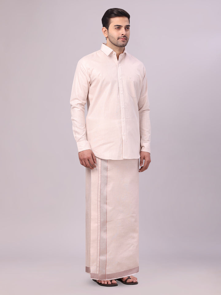 Men's Almond Tissue Shirt and Dhoti Set with Intricate Jacquard Border Plum side pose