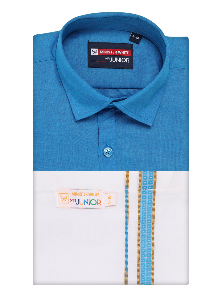 Boys Blue Matching Half Sleeves Shirt with Fancy Flexi Dhoti Combo Brave Boy by Minister White
