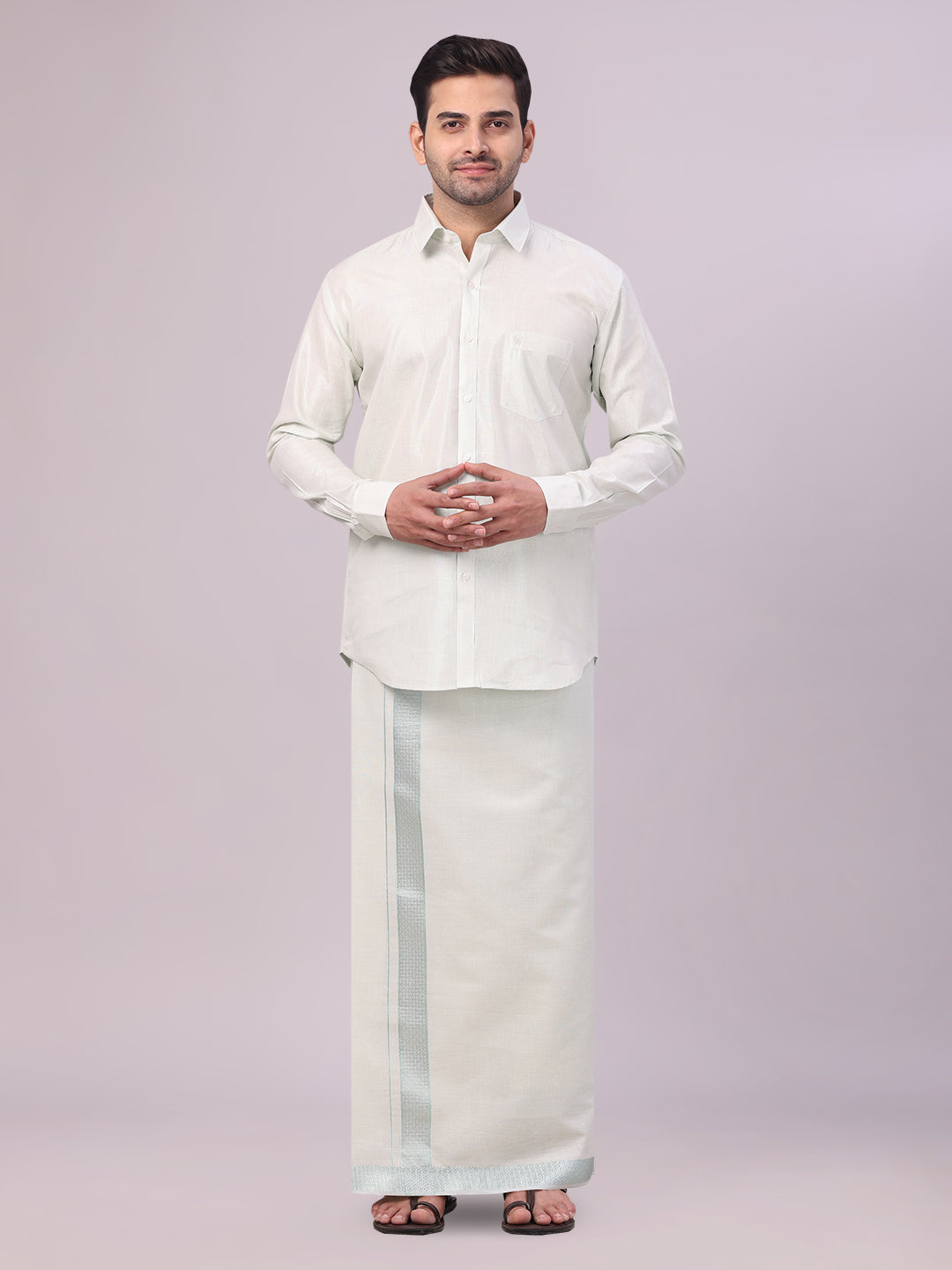 Men's Leaf Green Tissue Shirt and Dhoti Set with Intricate Jacquard Border Plum