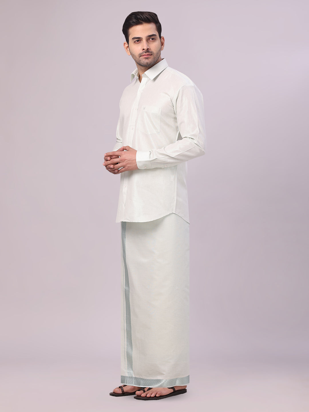 Men's Leaf Green Tissue Shirt and Dhoti Set with Intricate Jacquard Border Plum side pose