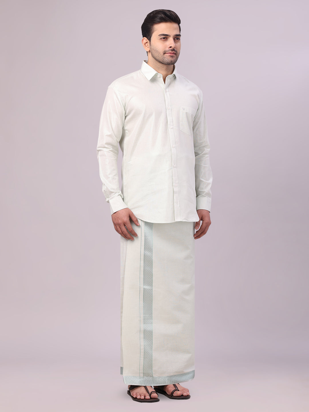 Mens Leaf Green Tissue Shirt and Dhoti Set with Intricate Jacquard Border Plum