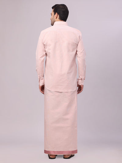 Men's Maroon Tissue Shirt and Dhoti Set with Intricate Jacquard Border Plum back pose