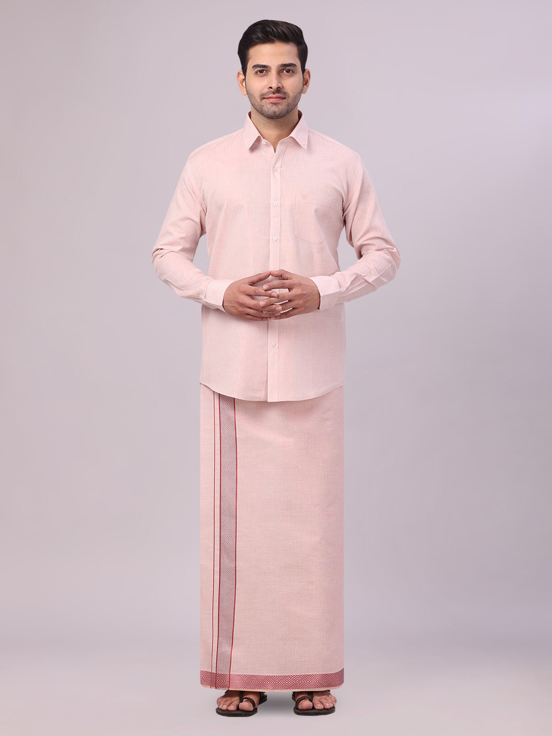 Men's Maroon Tissue Shirt and Dhoti Set with Intricate Jacquard Border Plum