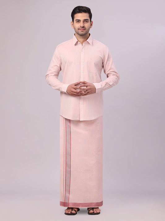 Men's Maroon Tissue Shirt and Dhoti Set with Intricate Jacquard Border Plum