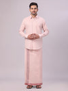 Mens Maroon Tissue Shirt and Dhoti Set with Intricate Jacquard Border Plum