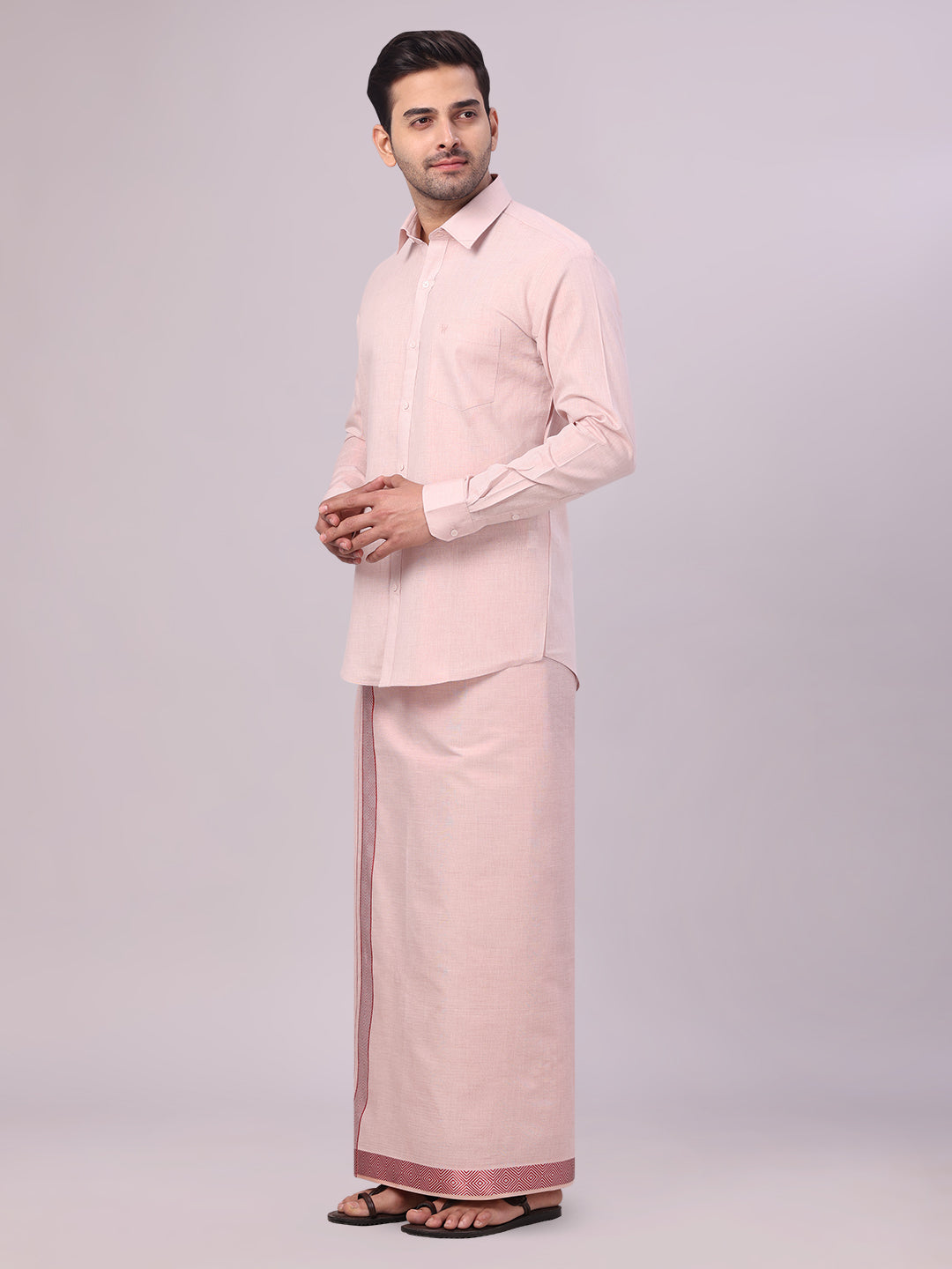 Men's Maroon Tissue Shirt and Dhoti Set with Intricate Jacquard Border Plum side pose