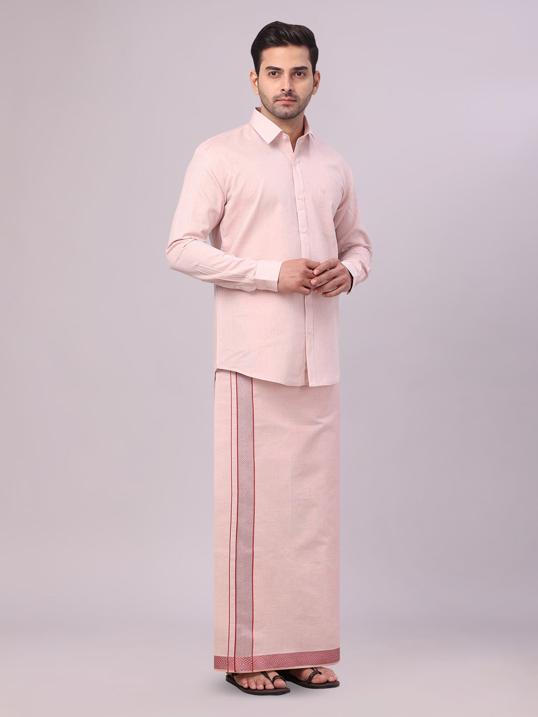 Men's Maroon Tissue Shirt and Dhoti Set with Intricate Jacquard Border Plum side pose