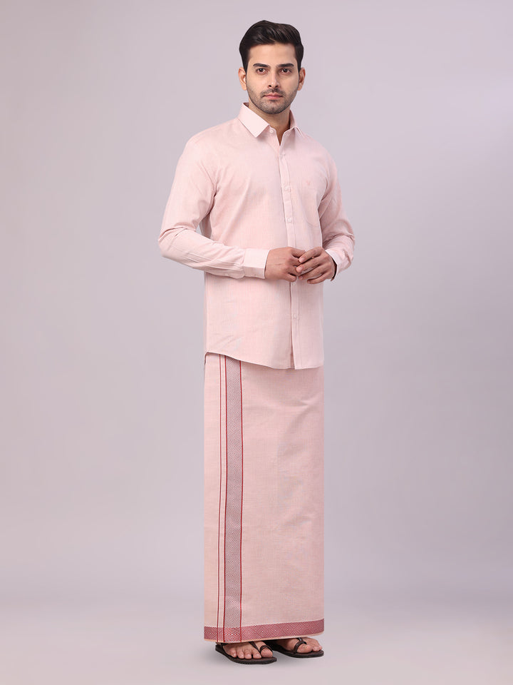 Men's Maroon Tissue Shirt and Dhoti Set with Intricate Jacquard Border Plum side pose