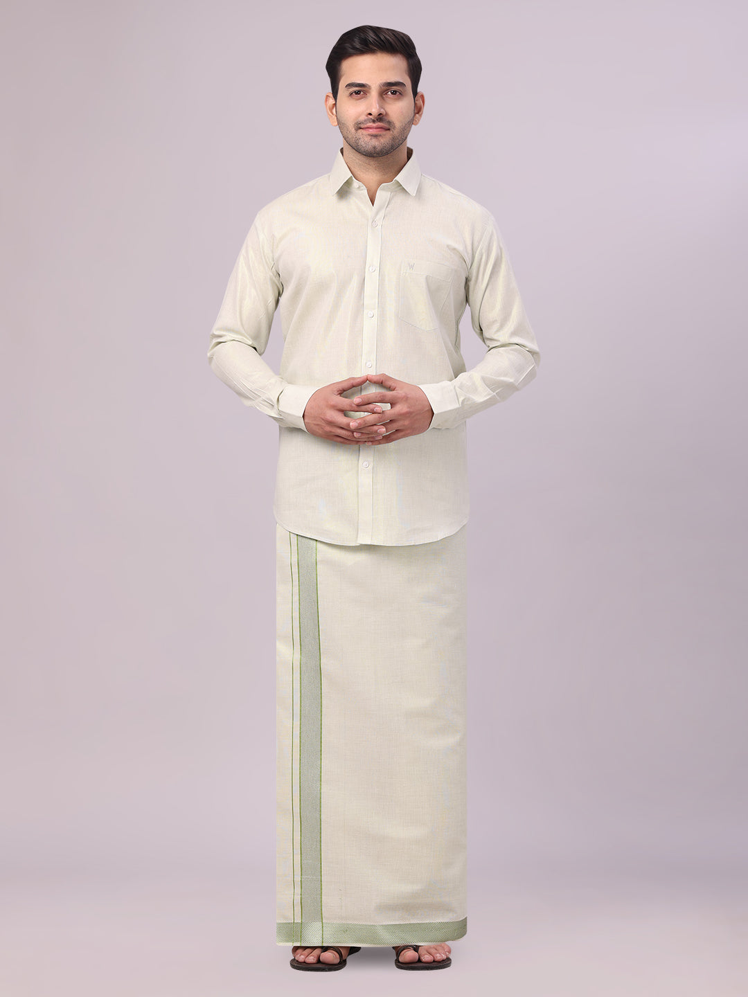 Mens Sky Green Tissue Shirt and Dhoti Set with Intricate Jacquard Border Plum