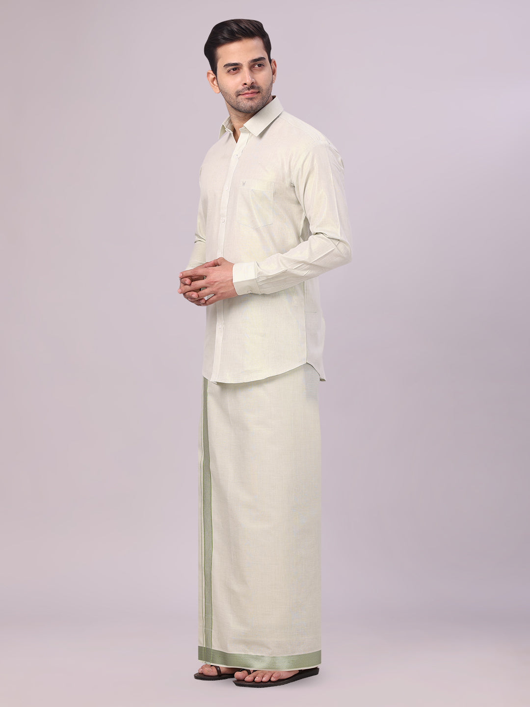 Mens Sky Green Tissue Shirt and Dhoti Set with Intricate Jacquard Border Plum