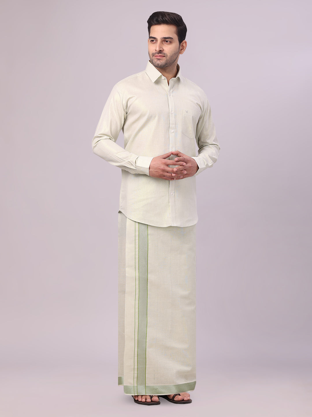 Mens Sky Green Tissue Shirt and Dhoti Set with Intricate Jacquard Border Plum