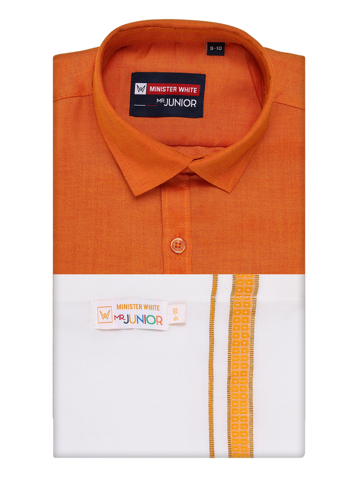  Boys Orange Matching Half Sleeves Shirt with Fancy Flexi Dhoti Combo Brave Boy by Minister White