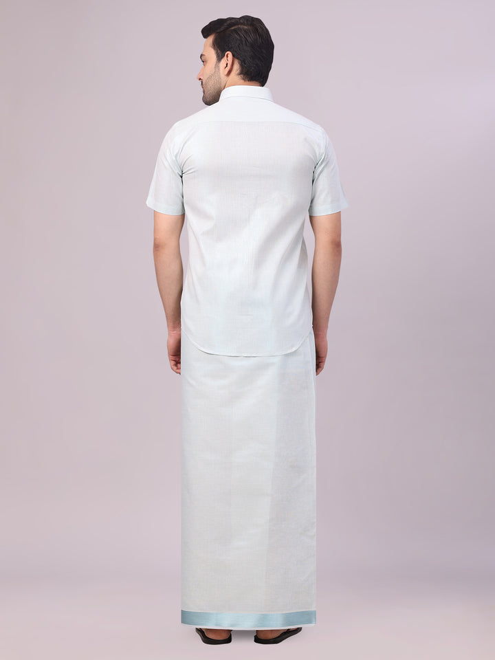 Men's Mint Blue Tissue Shirt and Dhoti Set with Intricate Jacquard Border Plum back pose