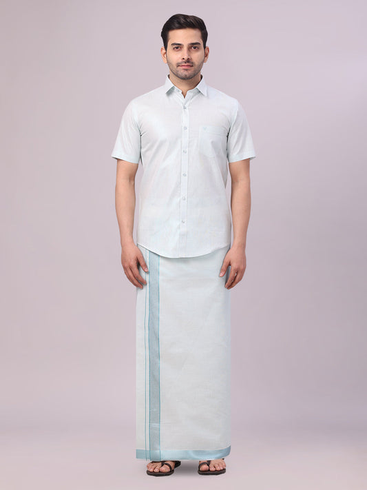 Men's Mint Blue Tissue Shirt and Dhoti Set with Intricate Jacquard Border Plum