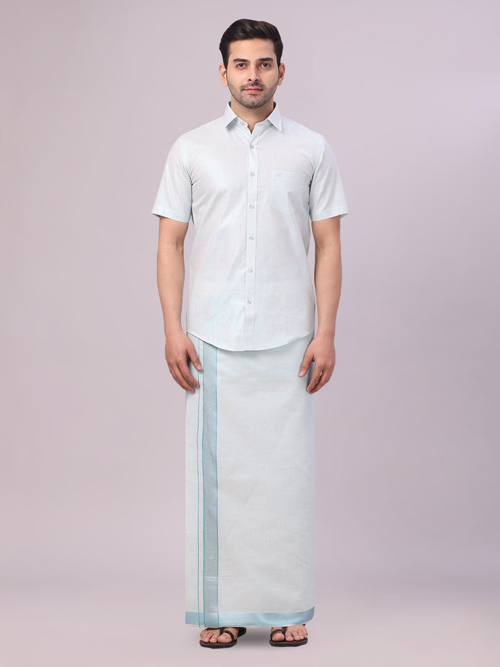 Men's Mint Blue Tissue Shirt and Dhoti Set with Intricate Jacquard Border Plum