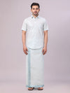 Men's Mint Blue Tissue Shirt and Dhoti Set with Intricate Jacquard Border Plum