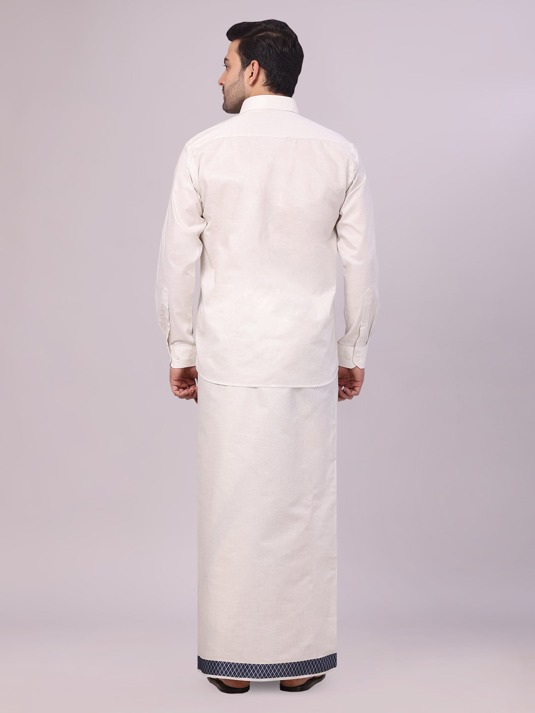 Men's Silver Tissue Stripe Shirt and Dhoti Combo with Jacquard Border Kane back pose