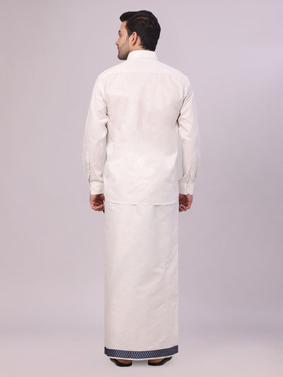 Men's Silver Tissue Stripe Shirt and Dhoti Combo with Jacquard Border Kane back pose