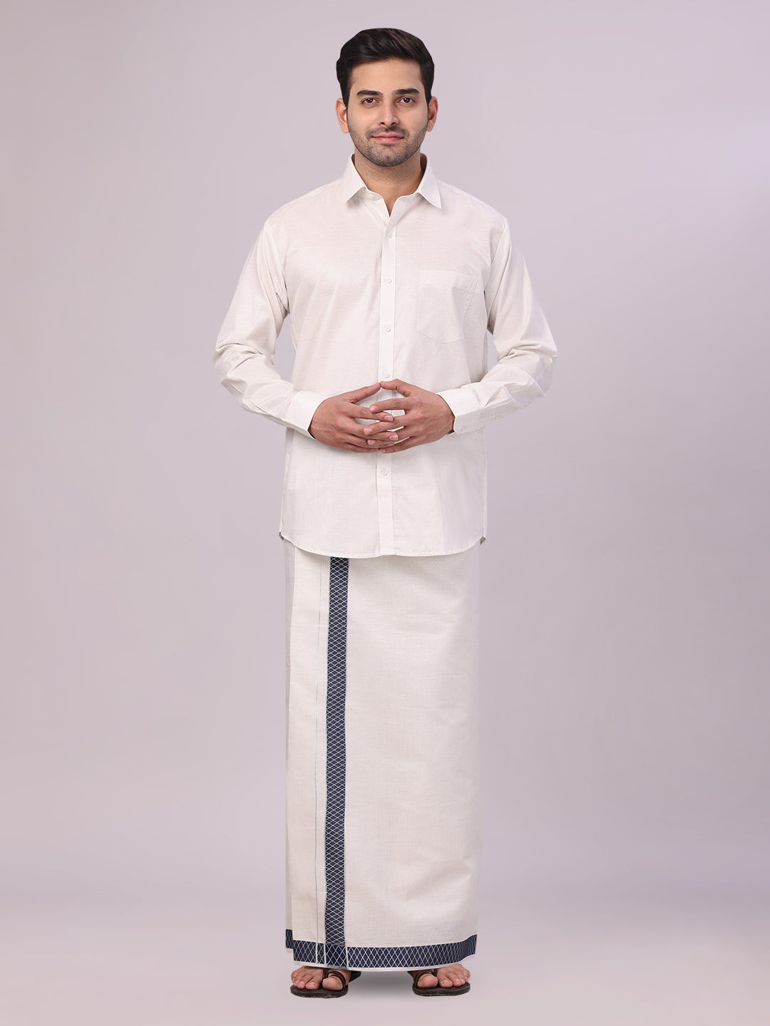 Men's Silver Tissue Stripe Shirt and Dhoti Combo with Jacquard Border Kane