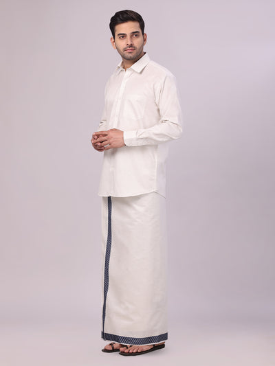 Men's Silver Tissue Stripe Shirt and Dhoti Combo with Jacquard Border Kane side pose