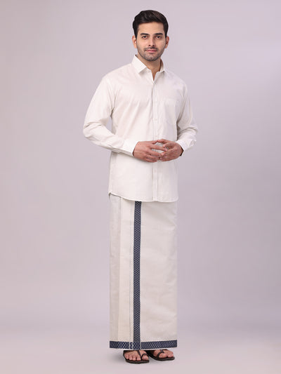 Men's Silver Tissue Stripe Shirt and Dhoti Combo with Jacquard Border Kane side pose