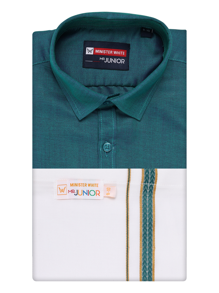 Boys Teal Matching Half Sleeves Shirt with Fancy Flexi Dhoti Combo Brave Boy by Minister White
