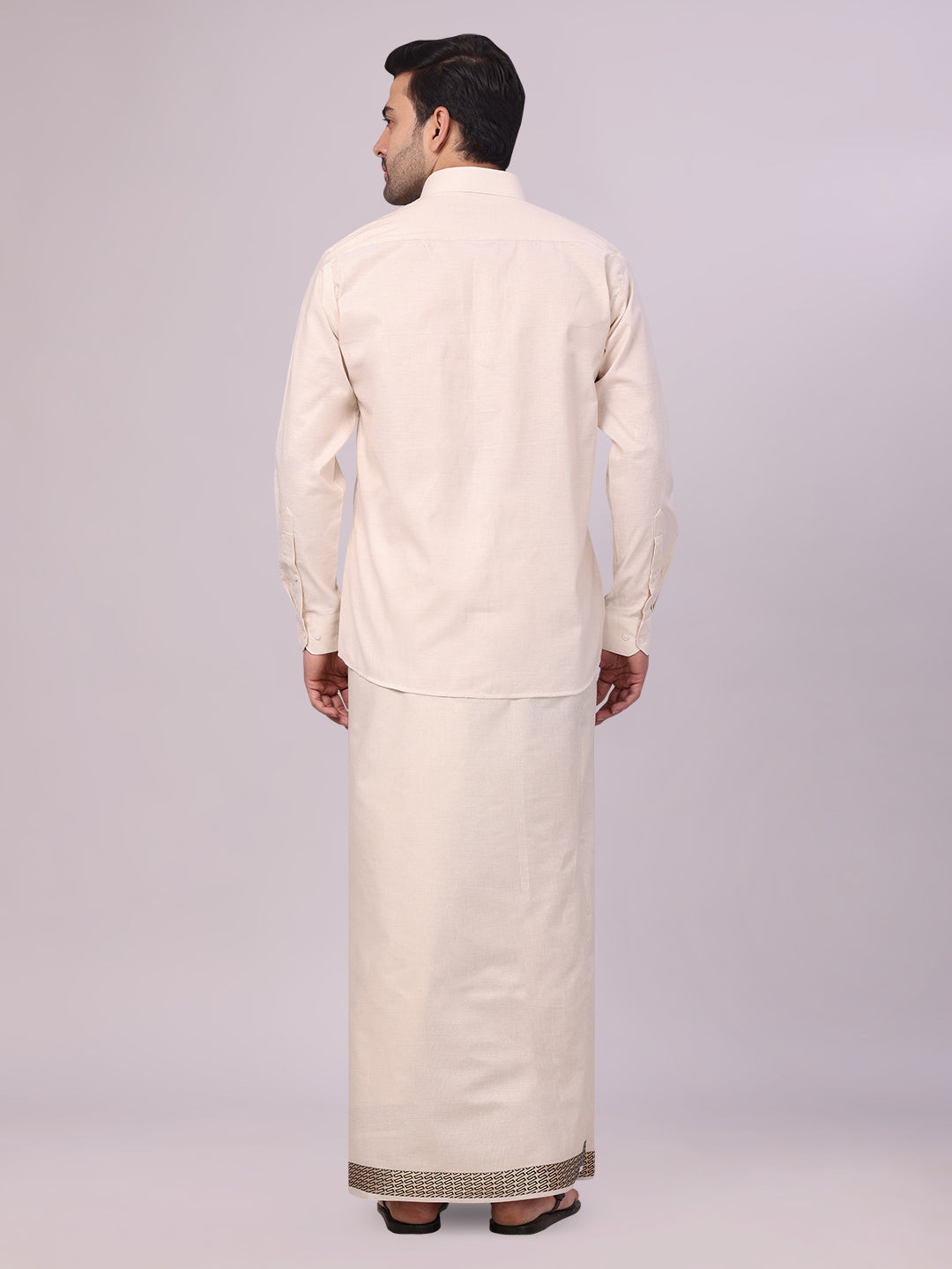 Mens Beige Tissue Stripe Shirt and Dhoti Combo with Jacquard Border Kane