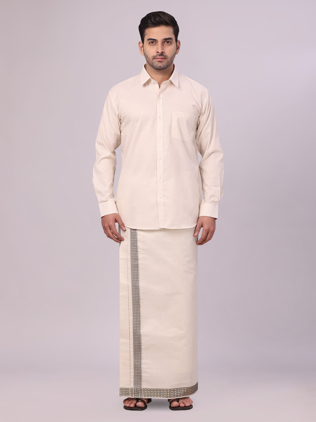 Mens Beige Tissue Stripe Shirt and Dhoti Combo with Jacquard Border Kane