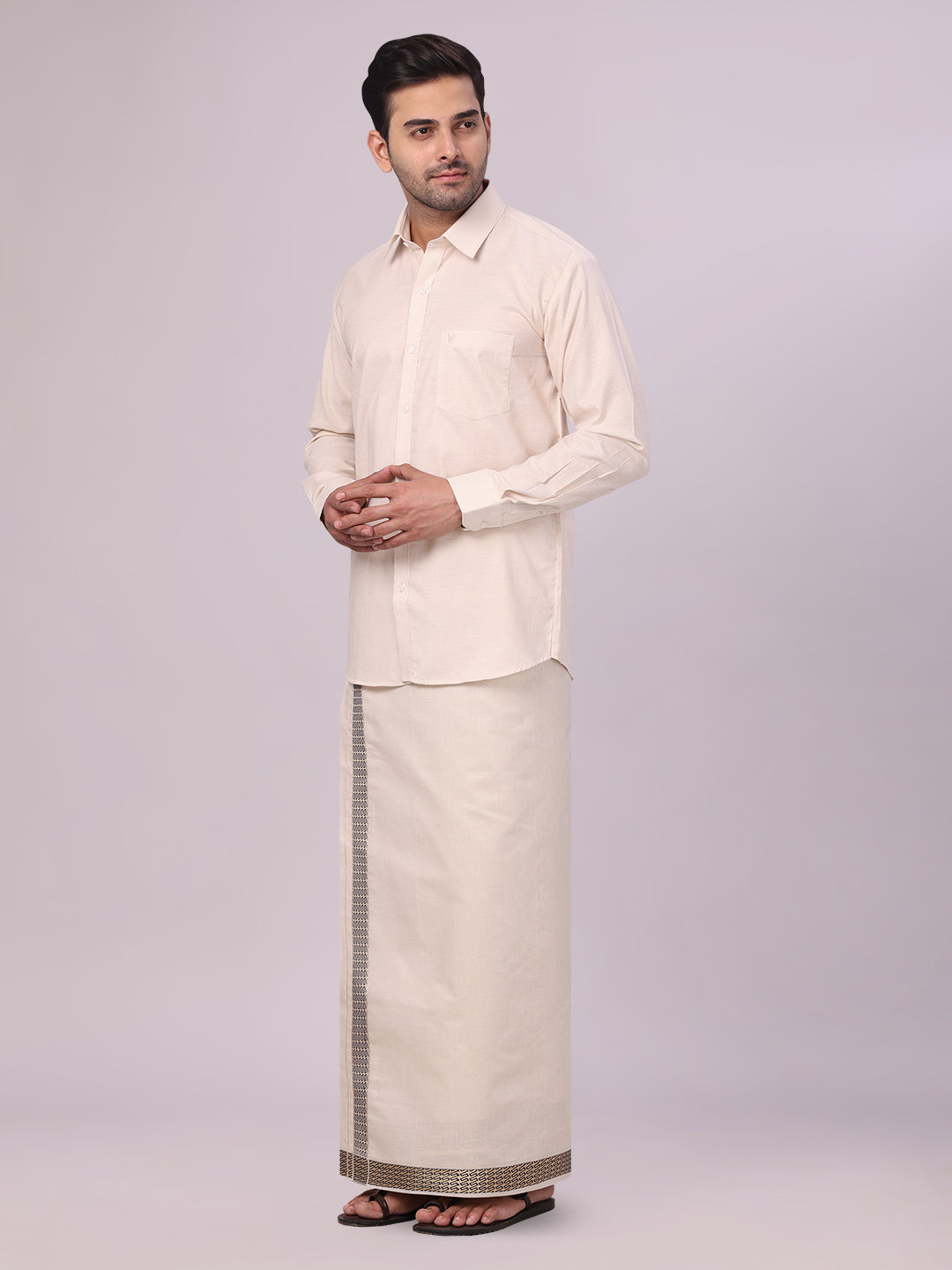 Men's Beige Tissue Stripe Shirt and Dhoti Combo with Jacquard Border Kane side pose