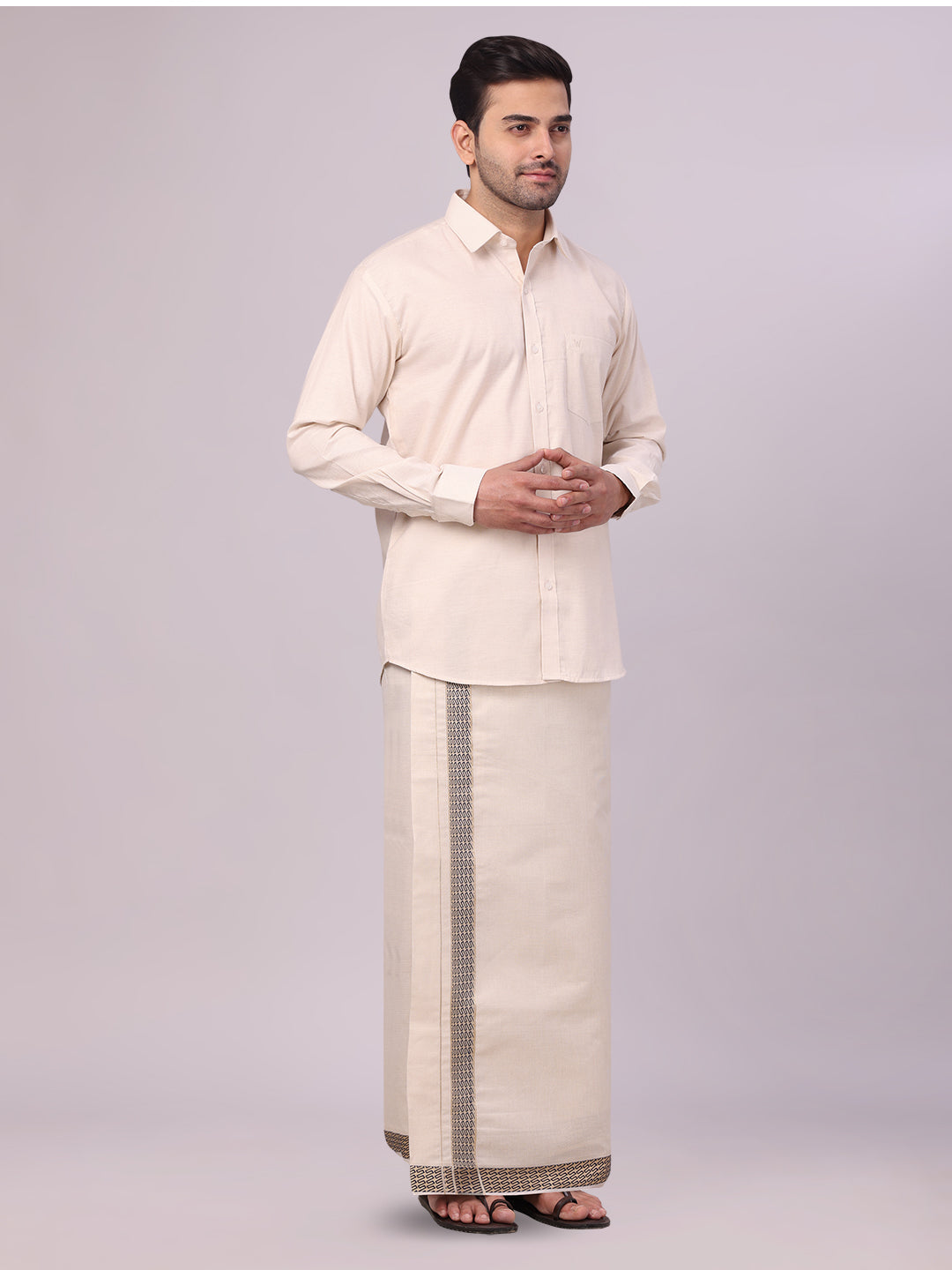 Mens Beige Tissue Stripe Shirt and Dhoti Combo with Jacquard Border Kane