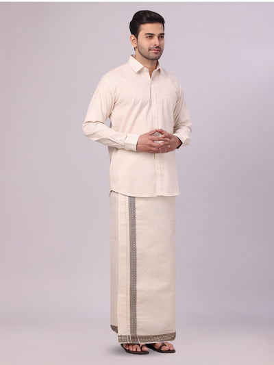 Men's Beige Tissue Stripe Shirt and Dhoti Combo with Jacquard Border Kane side pose