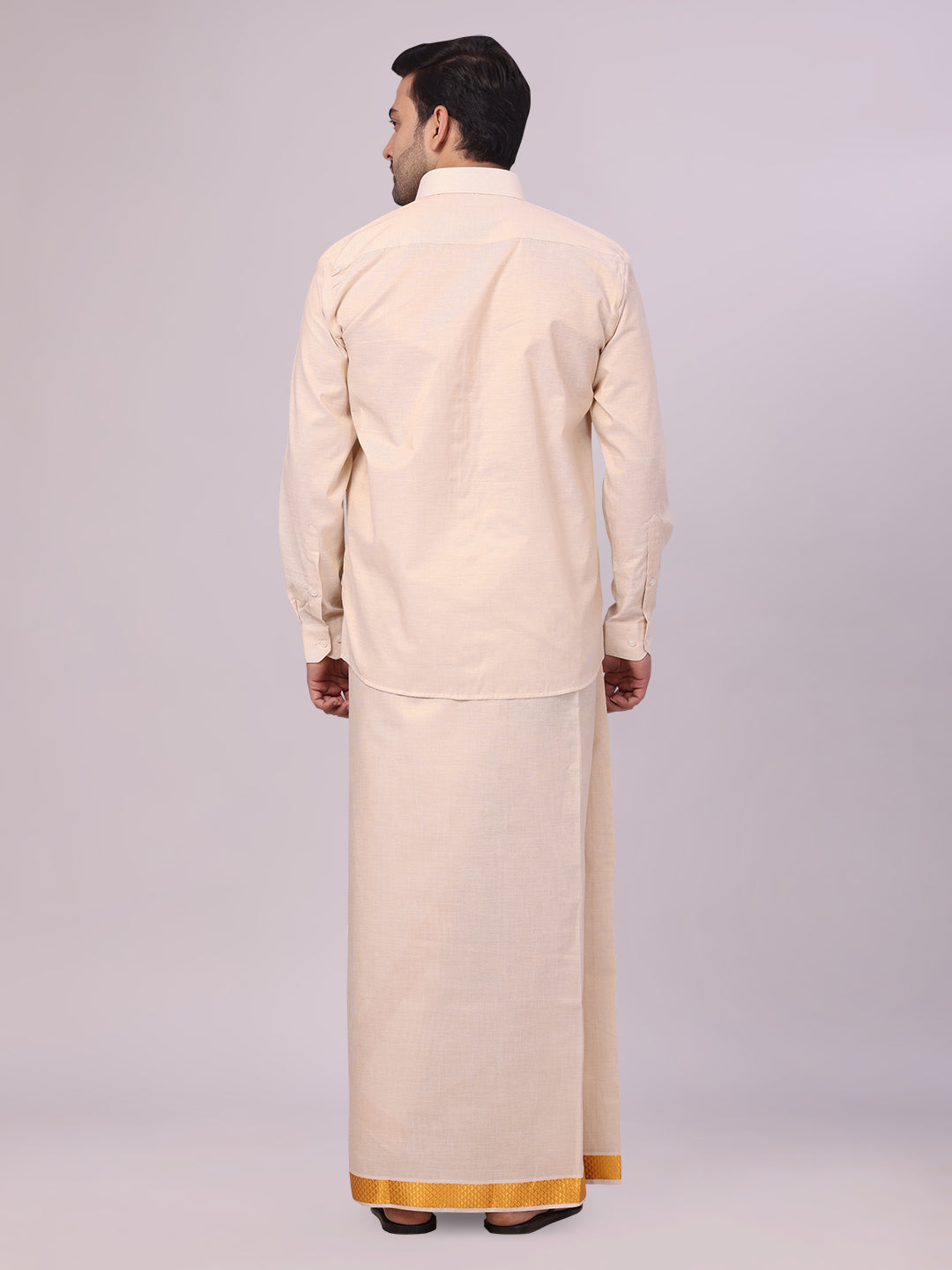 Men's Gold Tissue Stripe Shirt and Dhoti Combo with Jacquard Border Kane back pose