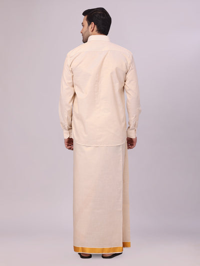 Men's Gold Tissue Stripe Shirt and Dhoti Combo with Jacquard Border Kane back pose