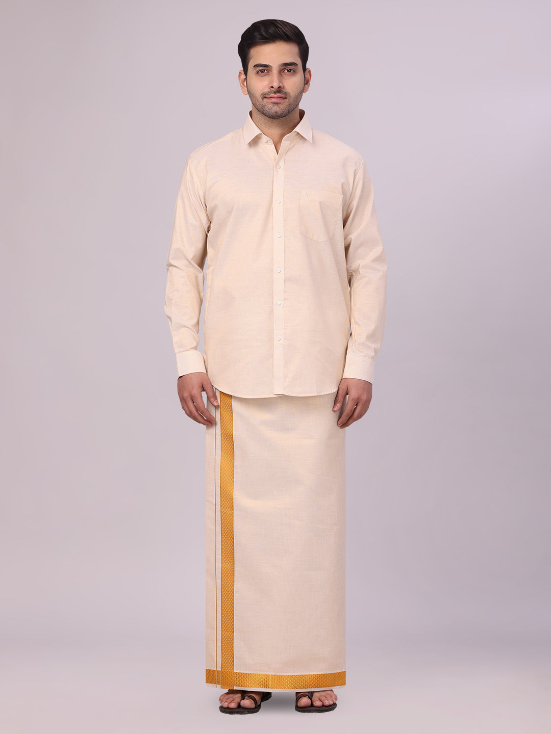 Men's Gold Tissue Stripe Shirt and Dhoti Combo with Jacquard Border Kane