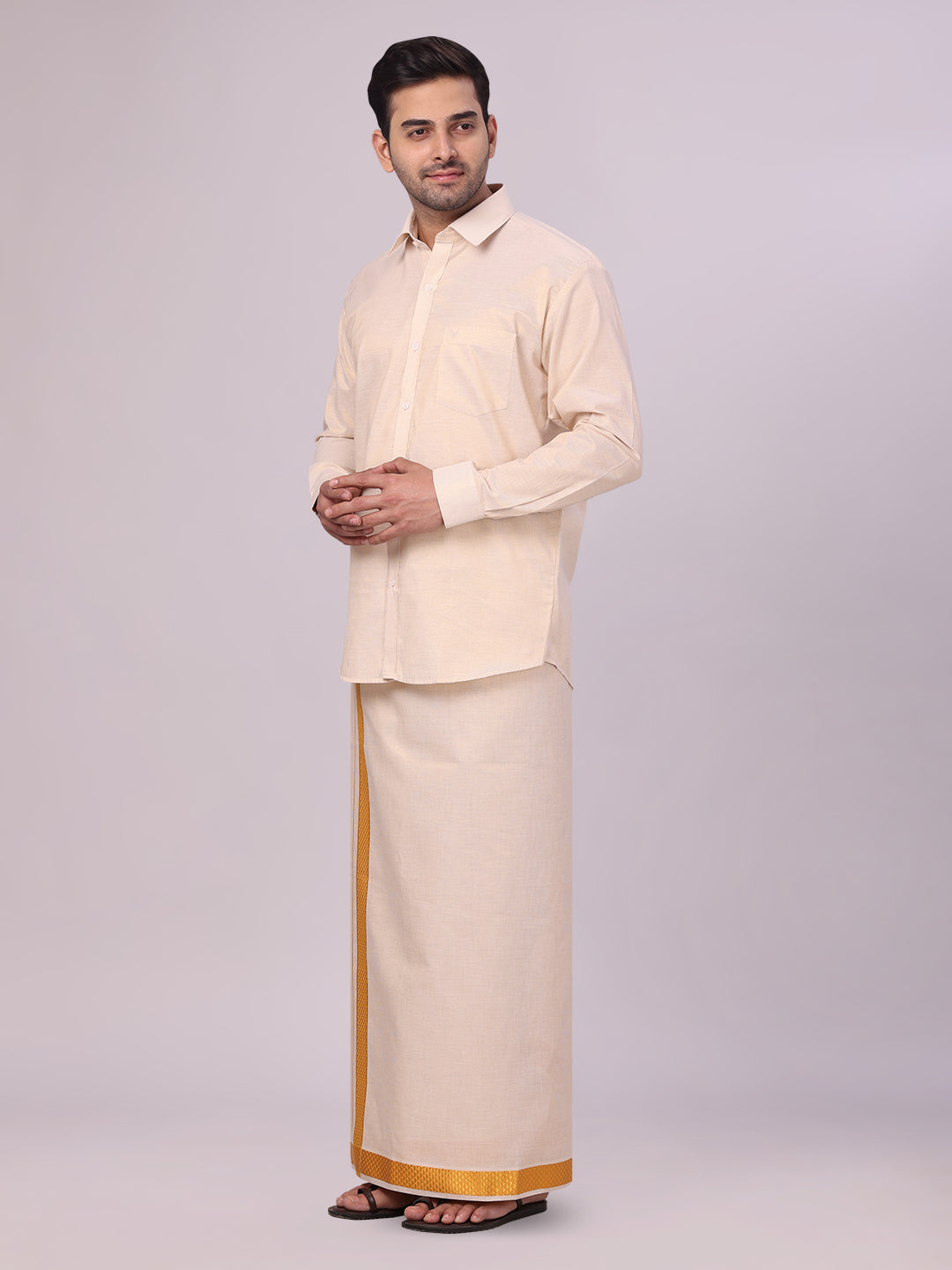 Men's Gold Tissue Stripe Shirt and Dhoti Combo with Jacquard Border Kane side pose