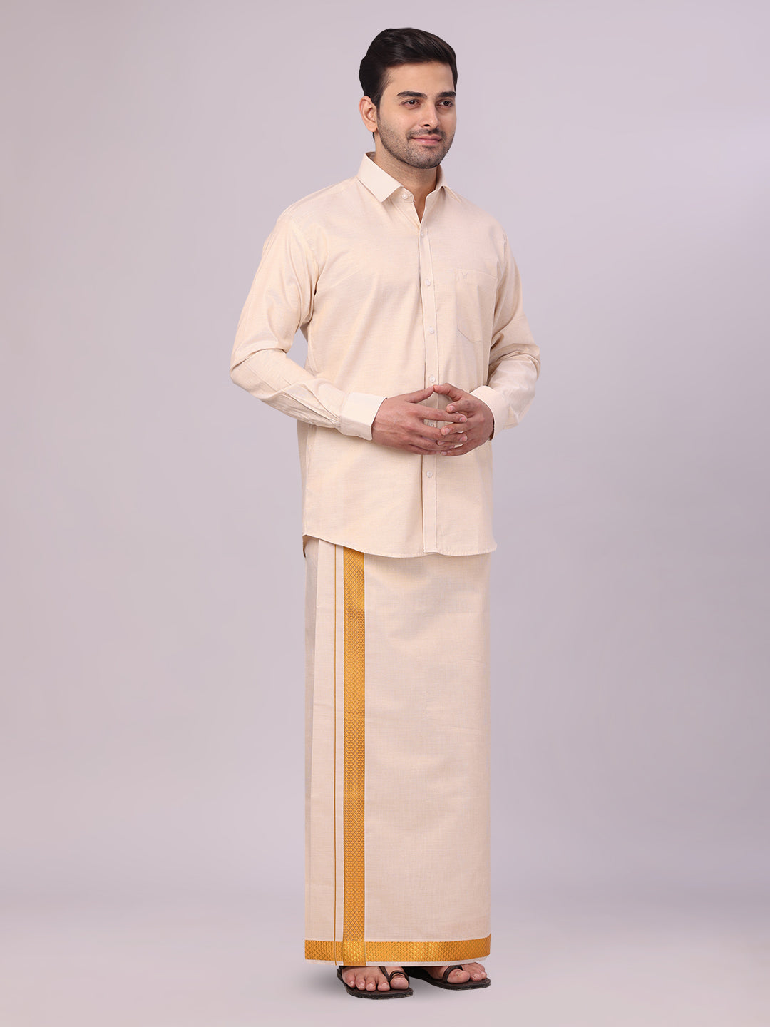 Men's Gold Tissue Stripe Shirt and Dhoti Combo with Jacquard Border Kane side pose