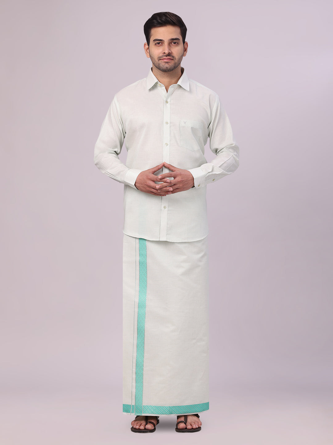 Men's Sky Green Tissue Stripe Shirt and Dhoti Combo with Jacquard Border Kane