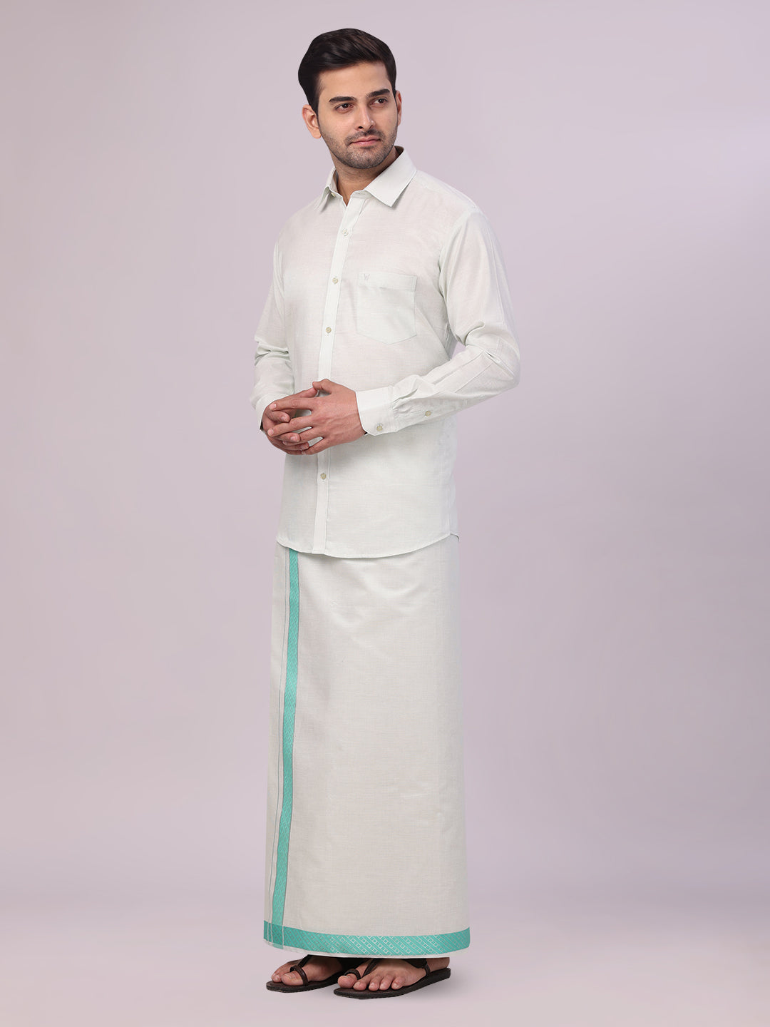 Men's Sky Green Tissue Stripe Shirt and Dhoti Combo with Jacquard Border Kane side pose