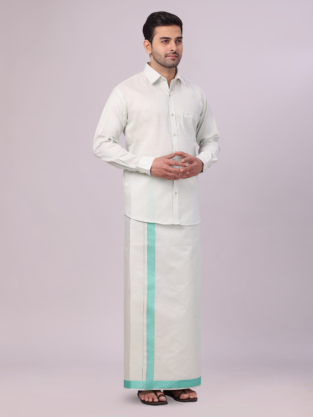 Men's Sky Green Tissue Stripe Shirt and Dhoti Combo with Jacquard Border Kane side pose