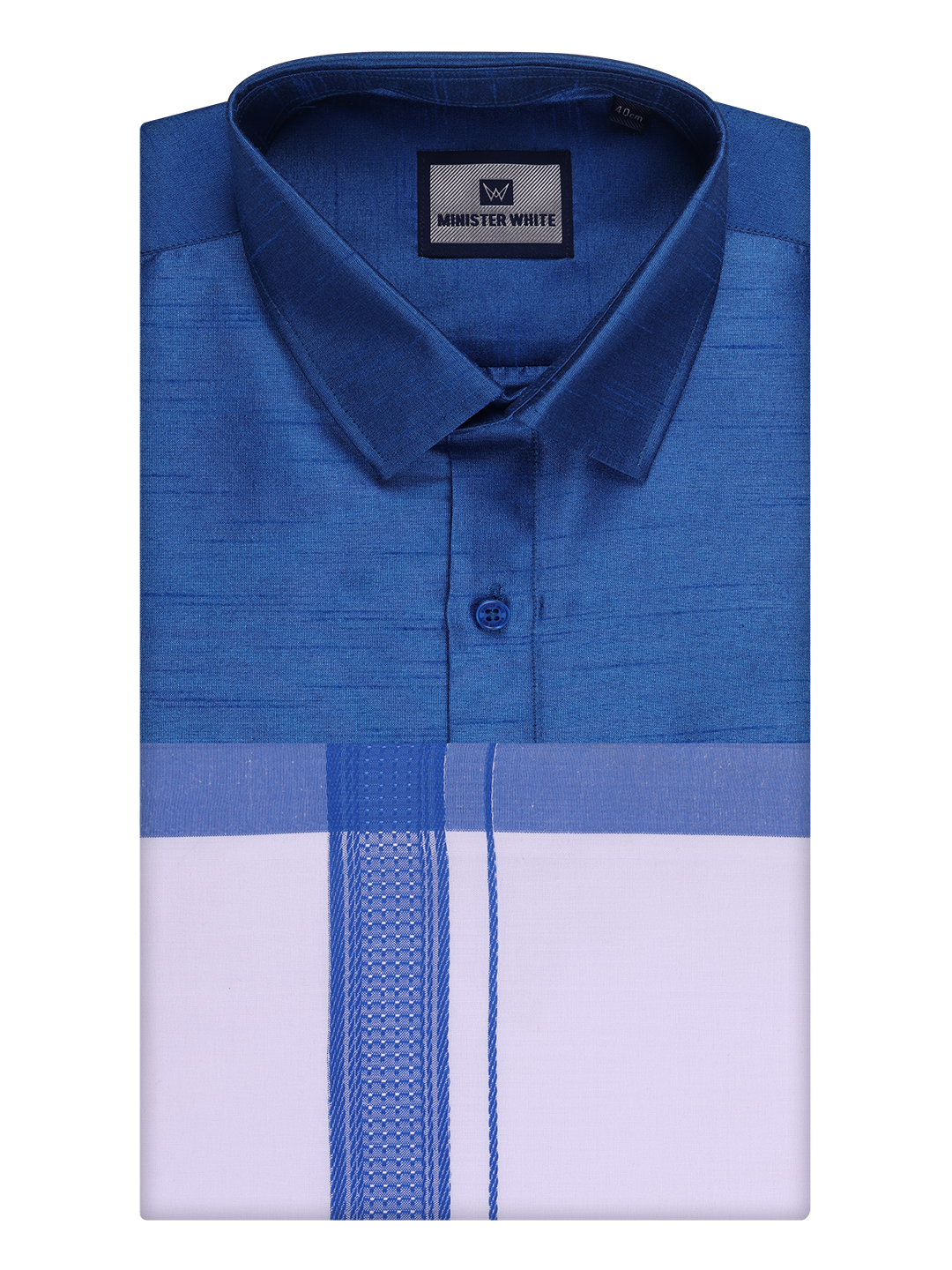 Mens Sky Blue Dupion Satin Color Shirt with Matching Border Dhoti Combo Gora by Minister White