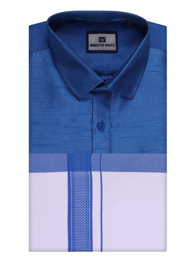 Mens Sky Blue Dupion Satin Color Shirt with Matching Border Dhoti Combo Gora by Minister White